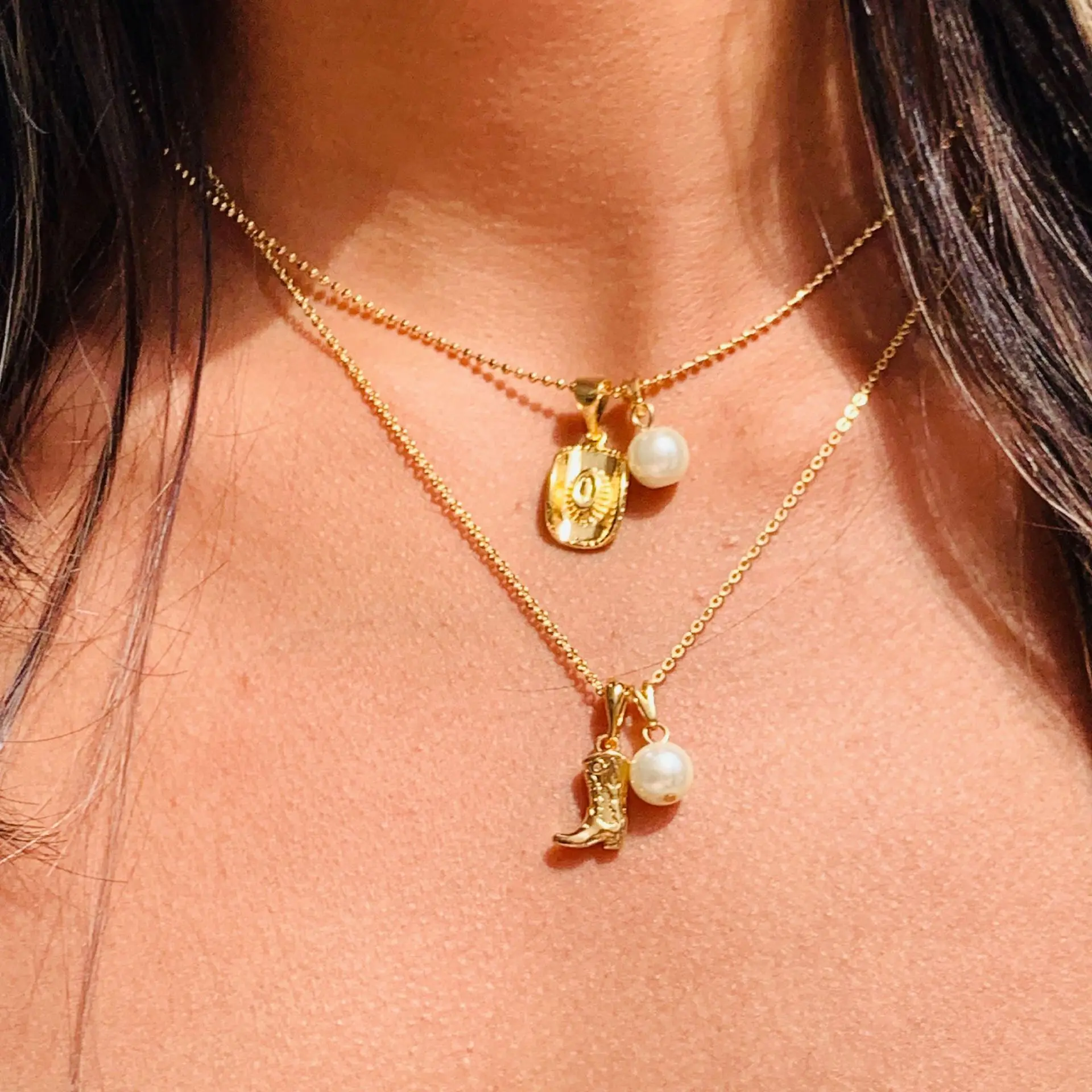 

Western Cowboy Style Boots Cowboy Hat Personality Necklace Fashion Imitation Pearl Pendant Multi-Layer Necklace Woman