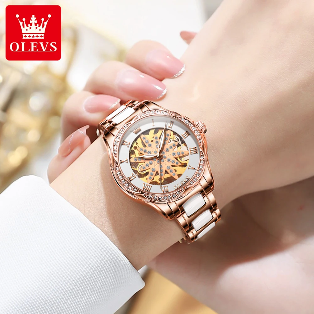 OLEVS 6681 Full Diamond Watch Women Roman Scale Hollow Skeleton Stainless steel Elegant Ceramic Strap Watches Bracelet Set