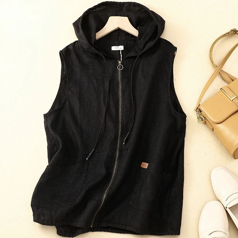 Fashion Hooded Vest Women\'s Waistcoat 2024 Summer Autumn Loose Casual Sleeveless Cotton Linen Pocket Jacket Female Tops Q109