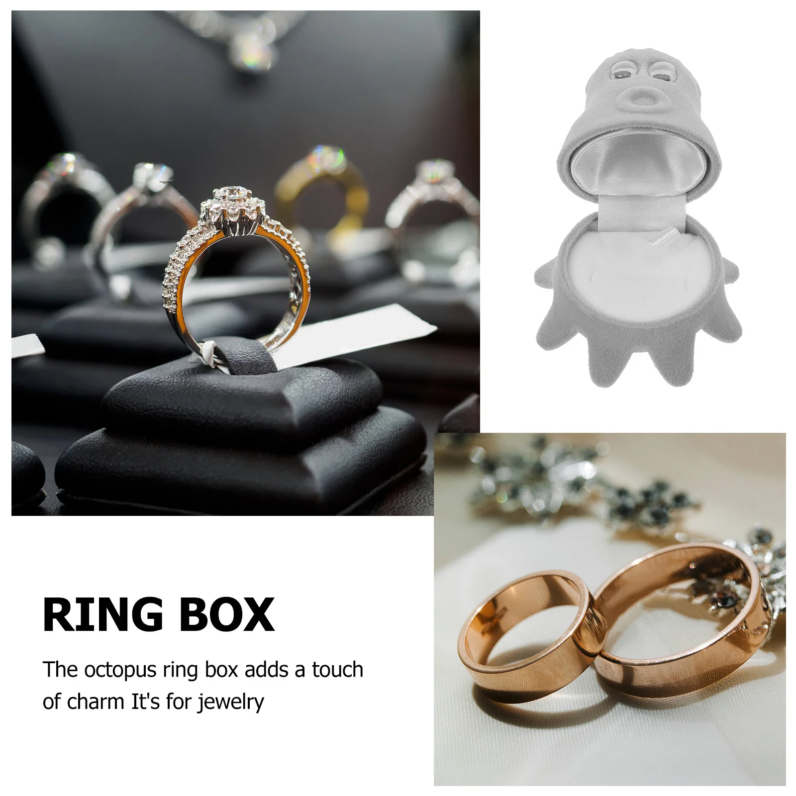 

Octopus Ring Box Grey Jewelry Gift Box with Soft Lining for Wedding Proposal Engagement Anniversary Cushioned Trinket Case