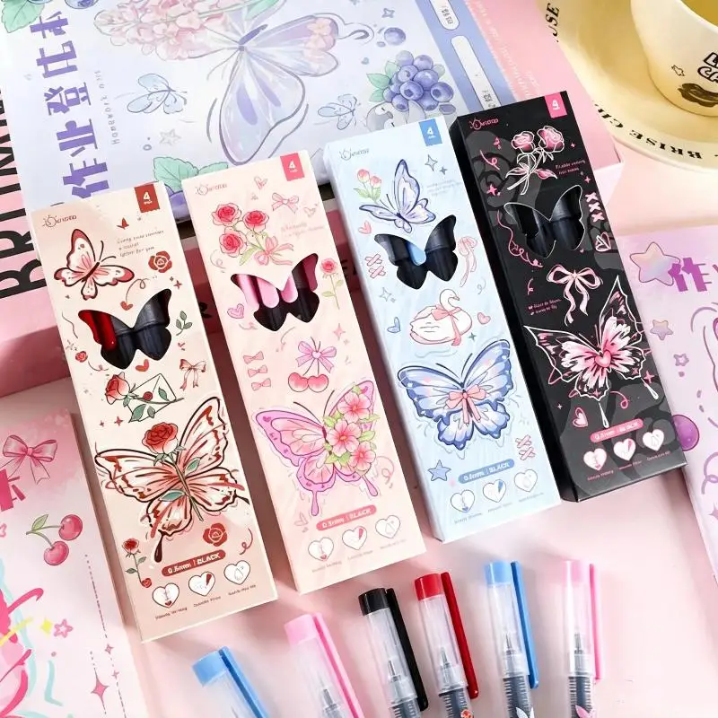 4Pcs/Box Cute Butterfly Rose Printed Gel Pens Smooth Quick Drying Ink For School Note Taking Office Daily Use