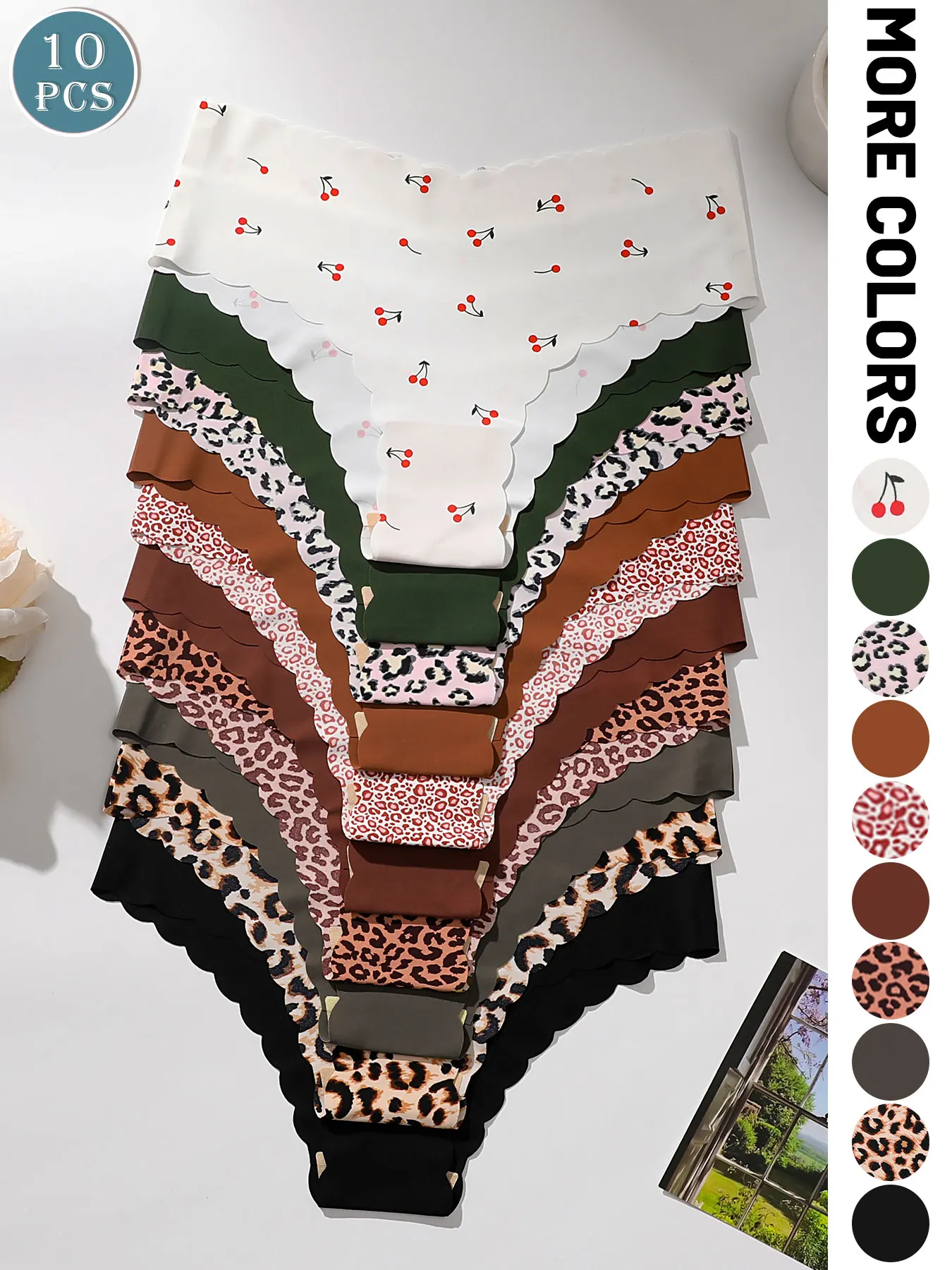 10PCS Cherry & Leopard Print Scalloped Waist Thongs, No Show Seamless Ultra Soft Breathable Women Everyday Underwear
