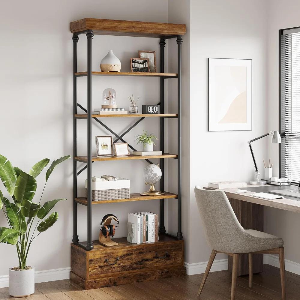 

5 Tier Bookshelf with Storage Drawer, 81" Tall Book Shelf Vintage Bookcase w/Metal Frame, Rustic Open Bookshelf for Living Room