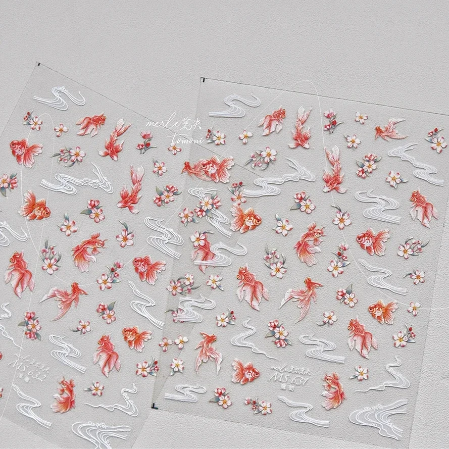 Red Goldfish Carp Lotus Flower 5D Embossed Reliefs Self Adhesive Nail Art Stickers Chinese Style Flat Manicure Decals