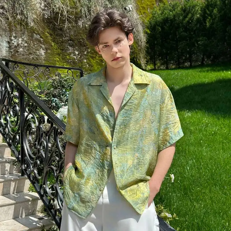WVGA Summer New Men's High-end Oil Painting Printed Short Sleeved Shirt Loose Fit Trendy Niche Chic Cuban Collar Tops Ins W24733