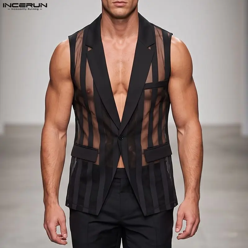 Fashion Men Vests Mesh Striped Transparent Lapel Sleeveless One Button Casual Male Waistcoats Streetwear 2026 Vests Sexy INCERUN