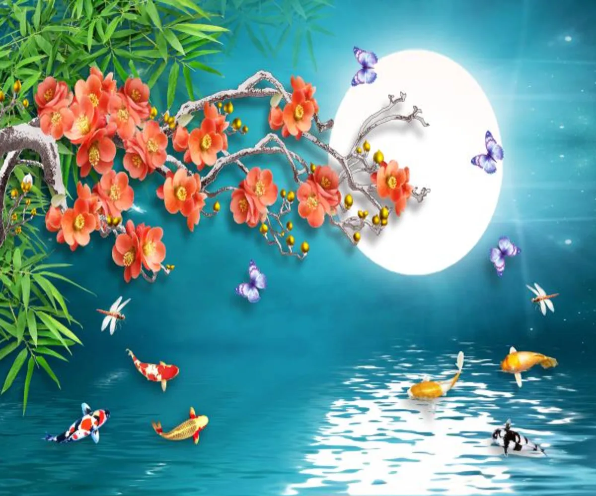 Custom wallpaper cherry blossom tree moonlight night scene mural animal lake water plum blossom home decoration forest wallpaper
