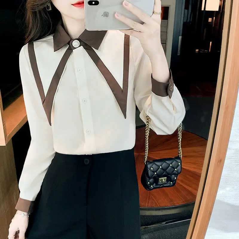 Autumn Button Up Shirt White Turn Down Collar Long Sleeve Blouse Women Tops Korean Fashion Clothing Office Lady Work T-Shirts