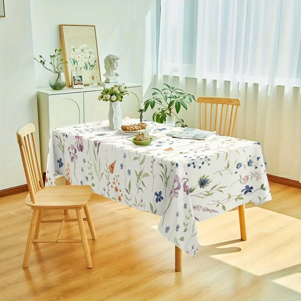 1pc Summer Floral Pattern Tablecloth, Colorful Flowers and Green Leaves, Coffee Table Cloth, Provence Style Dining Table Decorat