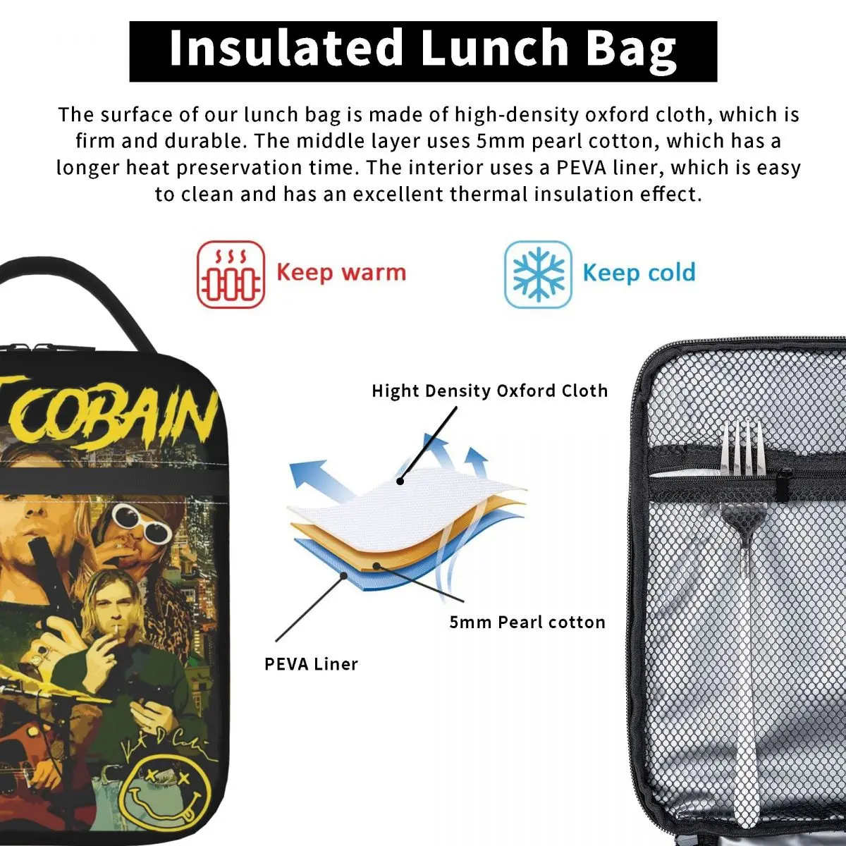 Kurt Cobain tas makan siang tahan panas, kotak makan siang portabel luar ruangan, pendingin termal