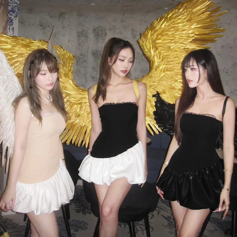 

Europe and The United States Women's Spring Autumn Ins New Fashion Sexy Color Contrast Simple Chest Slim Flower Bud Short Dress