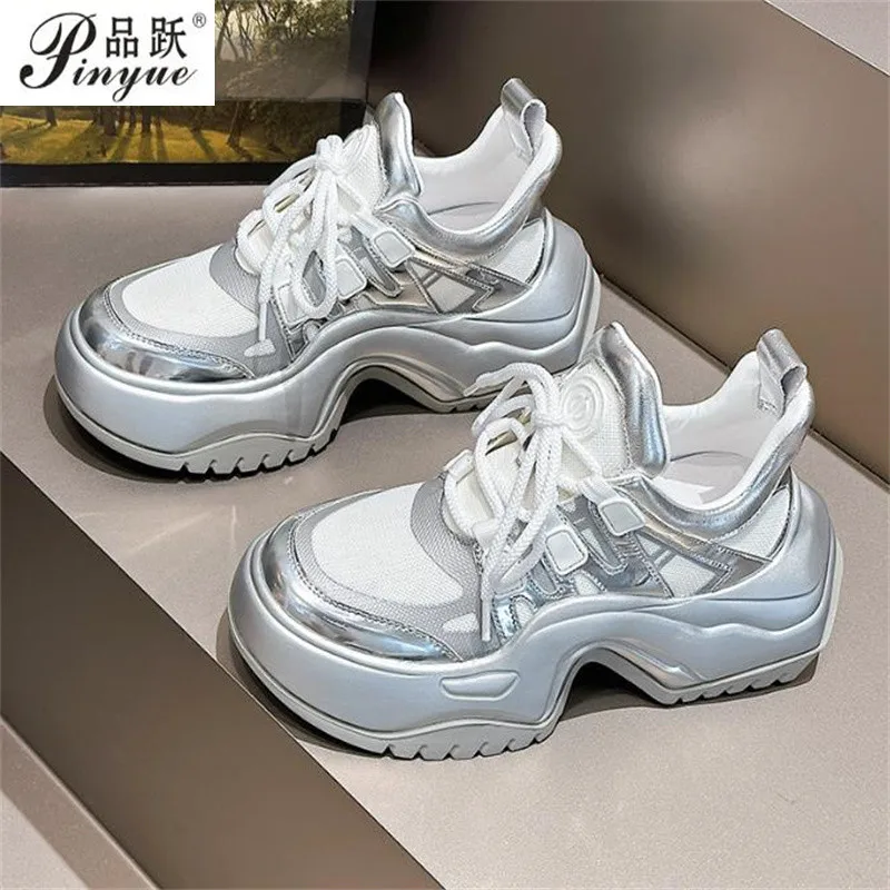 5cm Leather dermis Women's silver Casual Woman Vulcanize Sneakers Breathable Sport Walking Running Platform Flats Shoes 35 40