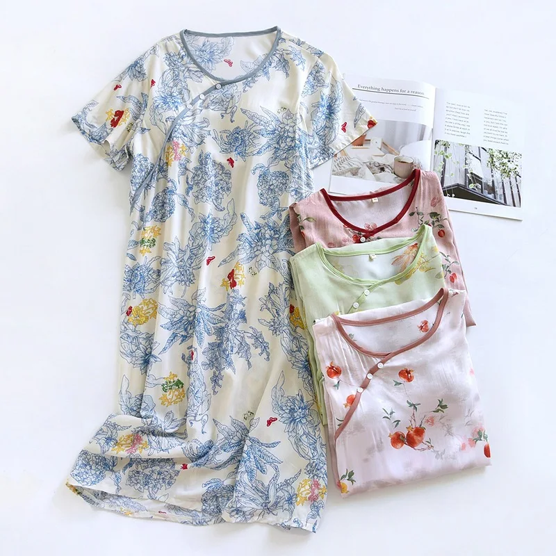 

Pure Cotton Silk Sleepwear Women's Summer Thin Loose Artificial Cotton Dress Home Clothes Chest Pad Nightgown round Neck