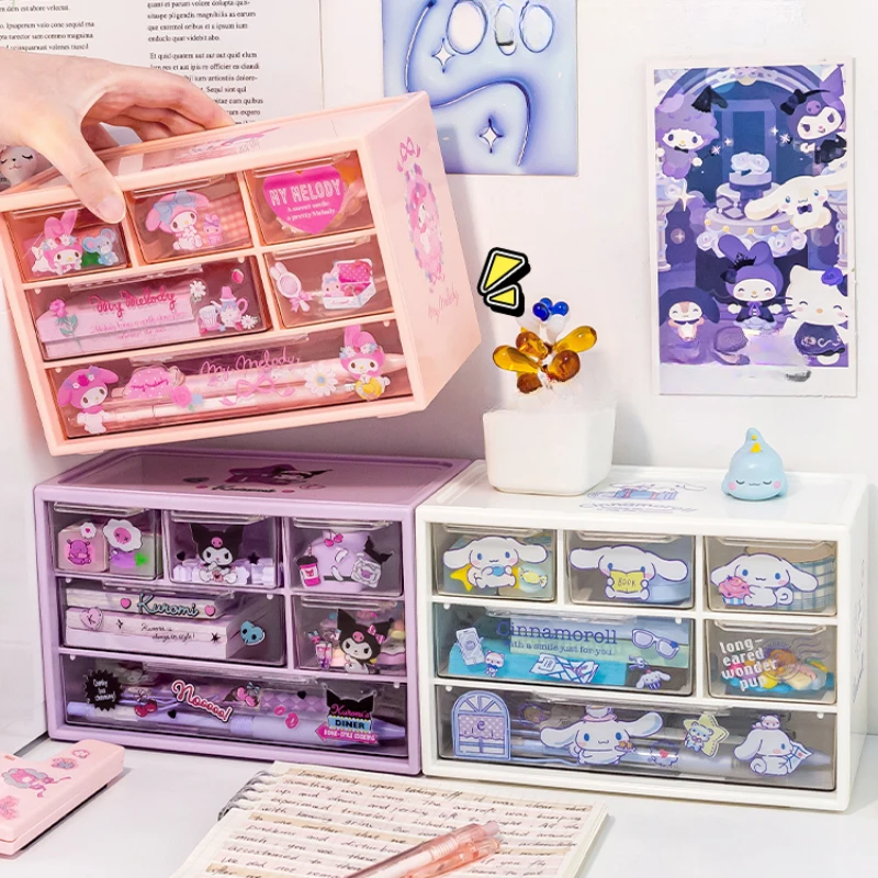 Imagem -04 - Sanrio Desktop Gaveta-tipo Storage Box Organizador Transparente Desk Pen Holder Enviar Kuromi Melodia Cinnamoroll Adesivos Grade