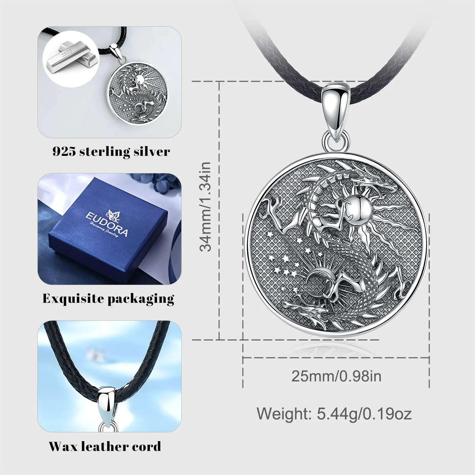 Eudora 925 Sterling Silver Moon Dragon Necklace for women man Vintage Sun Dragon Amulet Pendant Personality Jewelry Party Gift