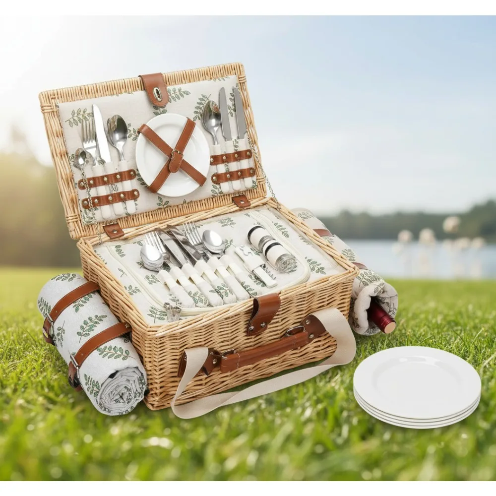 

4-Person Handmade Wicker Picnic Set with Folding Table, Waterproof Blanket & Wine Bag for Outdoor Camping Holidays