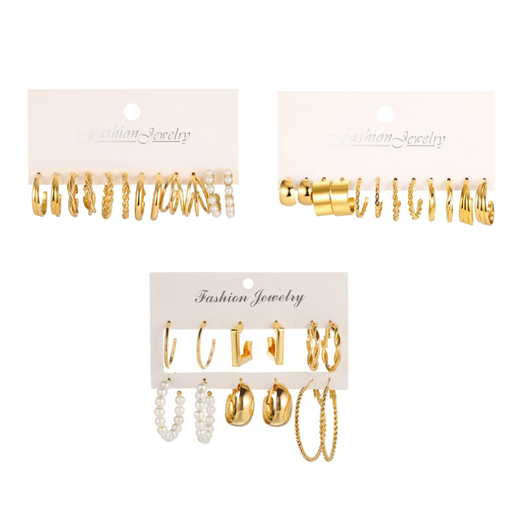 18Pcs Of Suit Women Earrings C Shaped Geometric Fake-pearl Metal Earrings Atmospheric Queuing Alloy Of Gold-color image 3