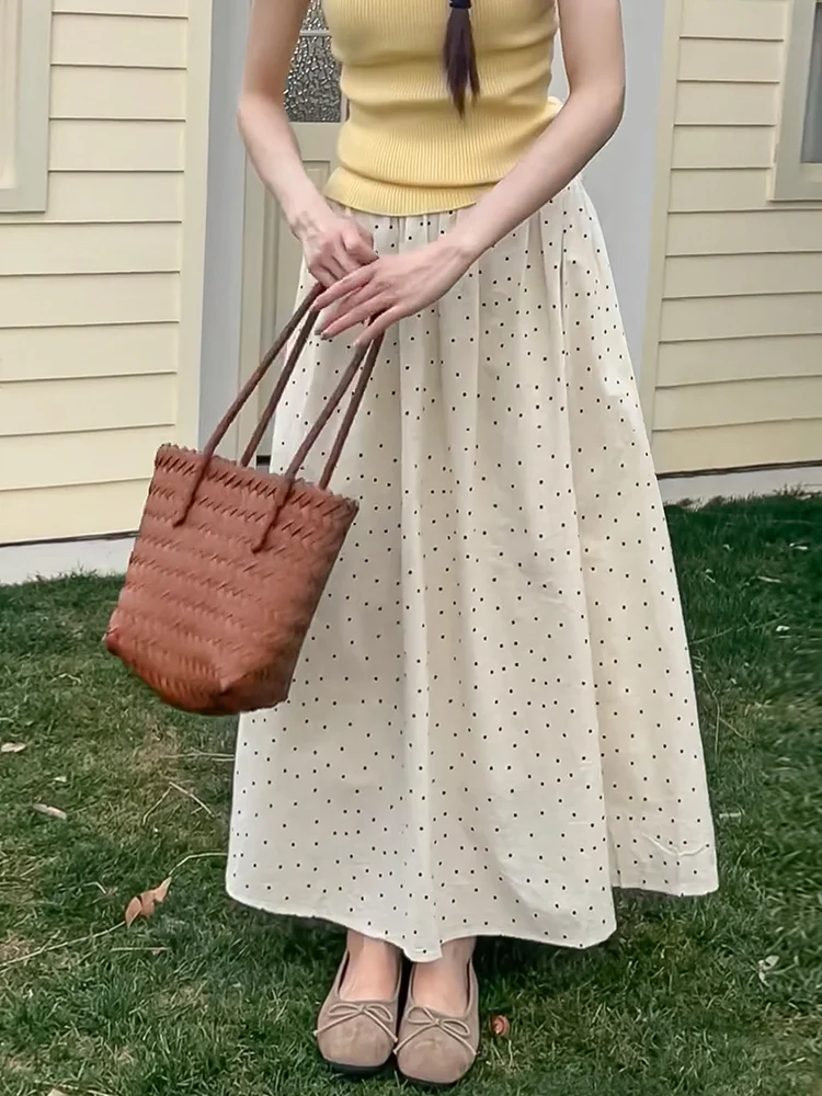 

White Polka Dot A-Line Skirt Women's Summer New High Waist Slimming Gored Skirt Small Stature Ele Casual Skirt