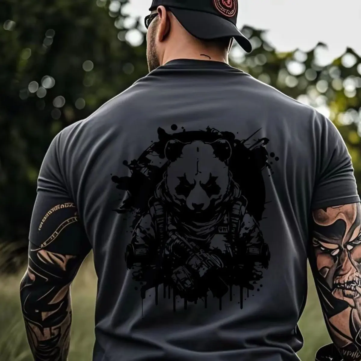 2026 Summer Men's Graphic T-Shirt, Tactical Panda Never Stop Fighting Print Tee, Cotton Oversized Streetwear Tops