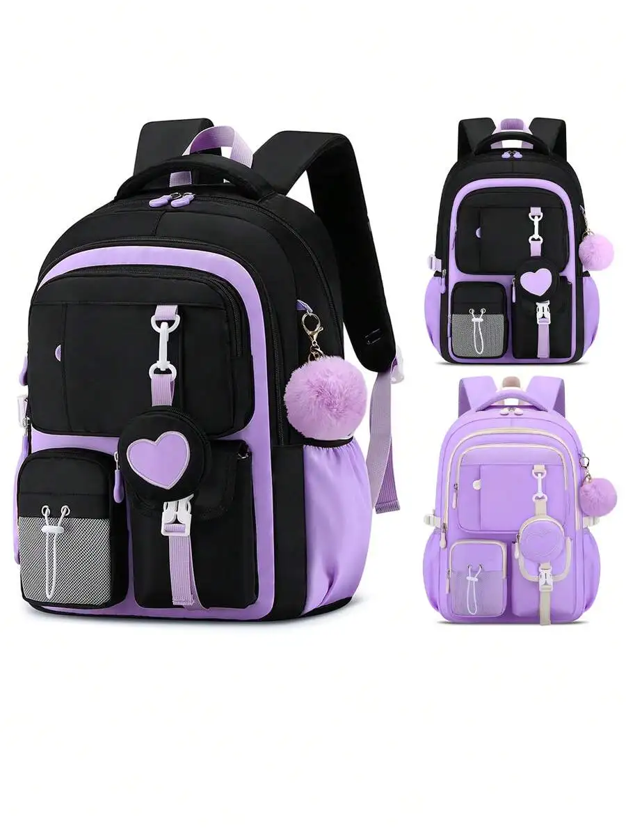 3-piece heart-shaped backpack set, suitable for teenage girls, includes a handbag and pencil case, lightweight multi-pocket student backpack, purple backpack for the back-to-school season