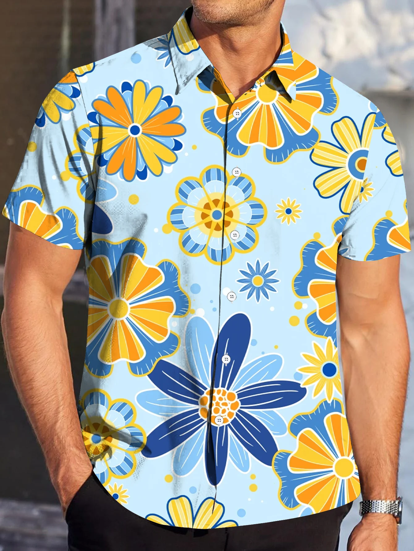 Men's Shirt Colorful Daisy Floral Print Short Sleeve Vacation Summer Holiday Bright Fresh Stylish Mens Clothing