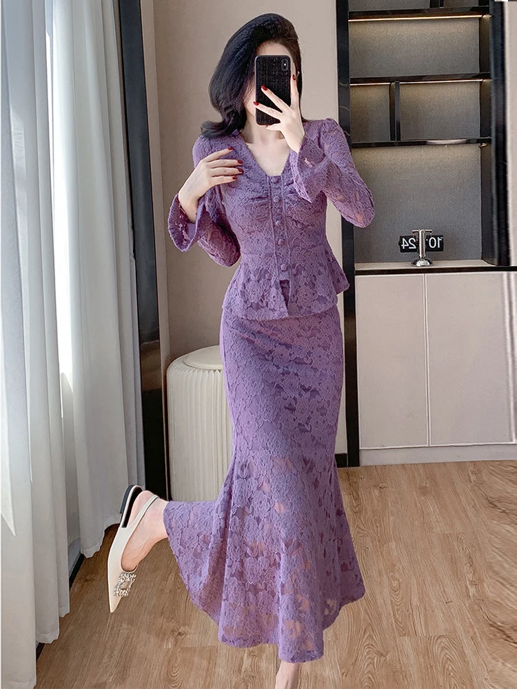 Frühlings-Damen-Set aus Spitze, zweiteilig, schmal geschnitten, Oberteil mit ausgestellten Ärmeln und Meerjungfrauen-Maxirock, elegantes, formelles Party-Outfit, Alltags-Streetwear