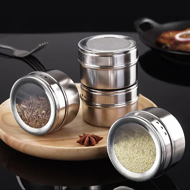 Magnetic Spice Jars with Wall Mounted Rack 304 Stainless Steel Spice Tins Pepper Seasoning Containers Tools Wipeable Label Set
