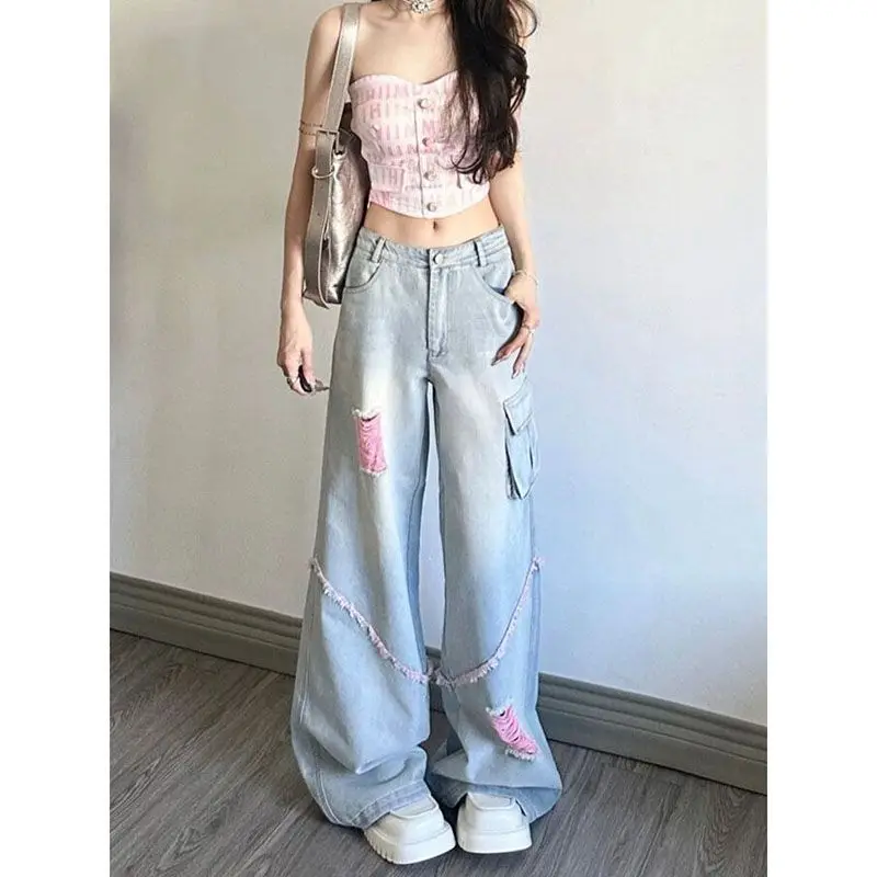 

Japan American High-Street Ripped Workwear Jeans For Women Retro Design High-Waisted Loose Slimming Straight-Leg Wide-Leg Pants