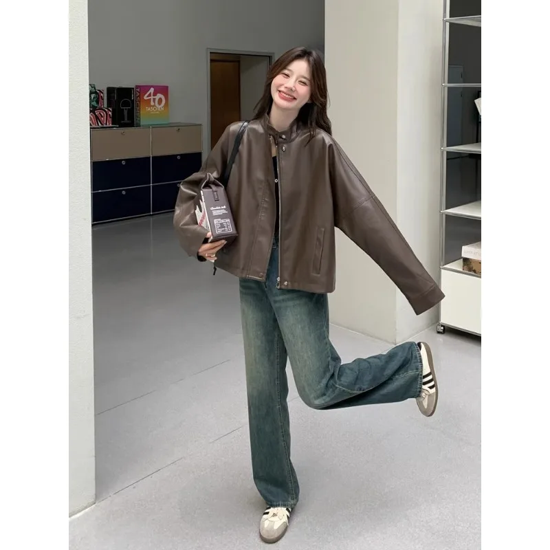 Jaqueta Feminina Vintage de Couro PU, Moda Casual, Outono Inverno, Corta-Vento com Zíper, Streetwear, Blazer Feminino, Roupa Nova