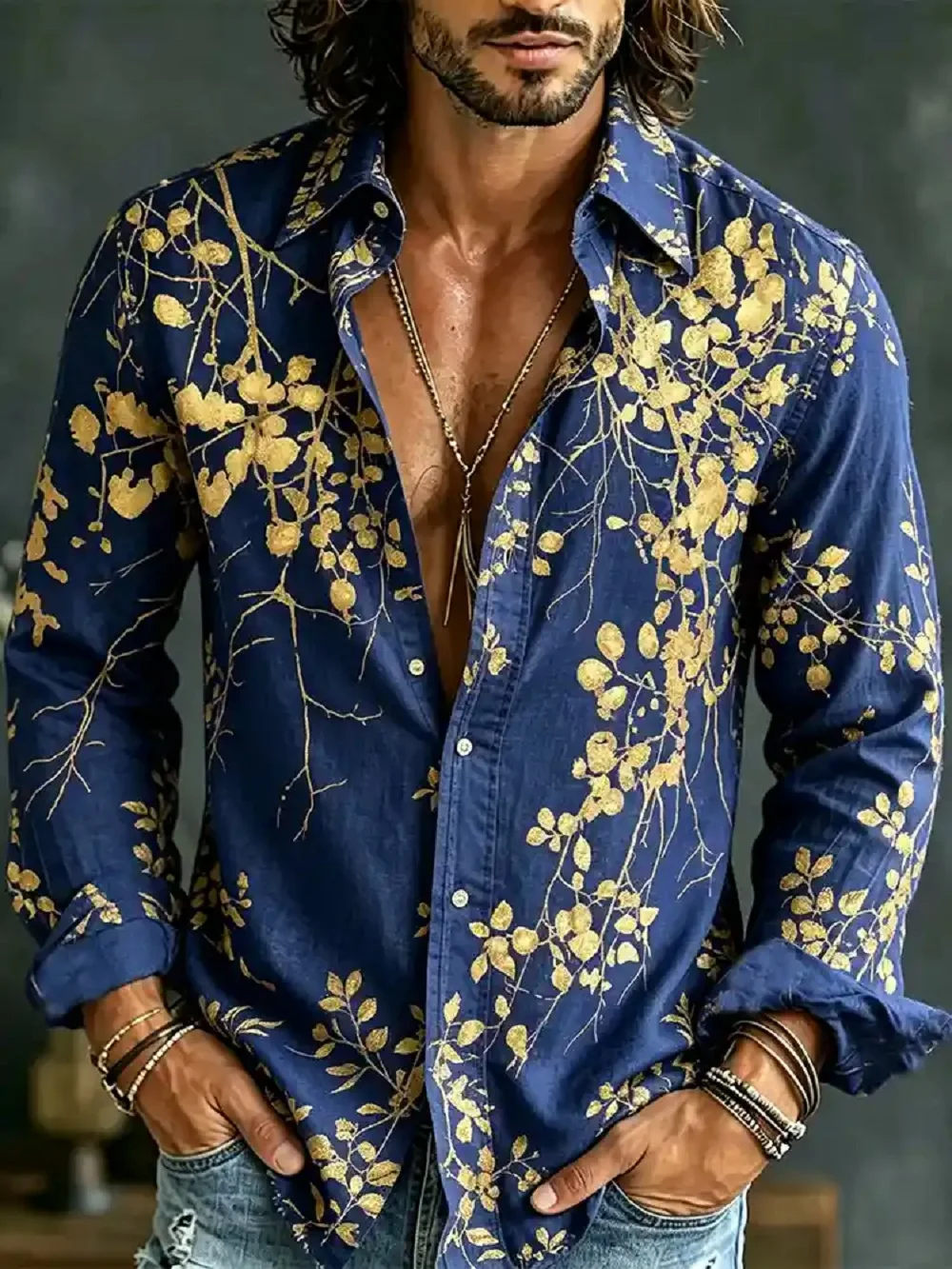 Men's Vintage Bohemian Floral Print Long Sleeved Shirt Collared Button Up Shirt Retro Hippie Casual Beach Vacation Top for Men