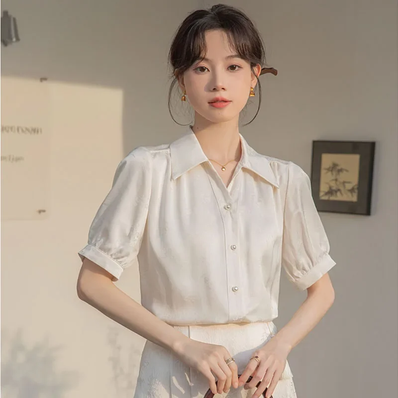 Fashion Short Sleeve Turn Down Collar Women Shirt Casual Chiffon Shirt Blouse Women Tops Blusas Mujer De Moda 2024 Verano H908