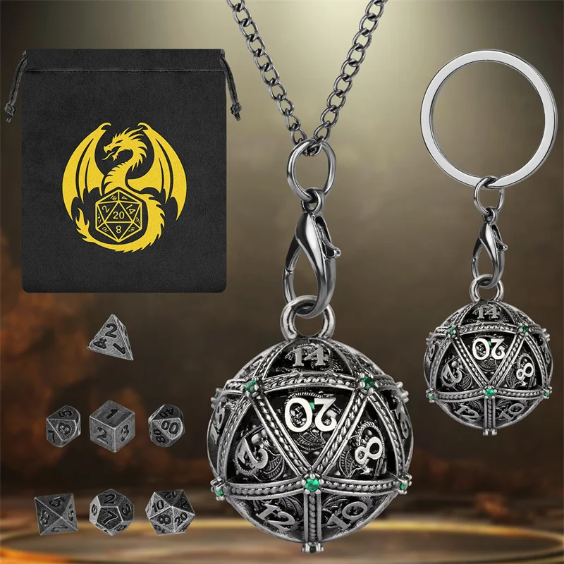 

7pcs Mini Polyhedral DND Dice Set with Key Ring Pocket Necklace Chain Hollow Pendant Spherical Case for RPG Board Game