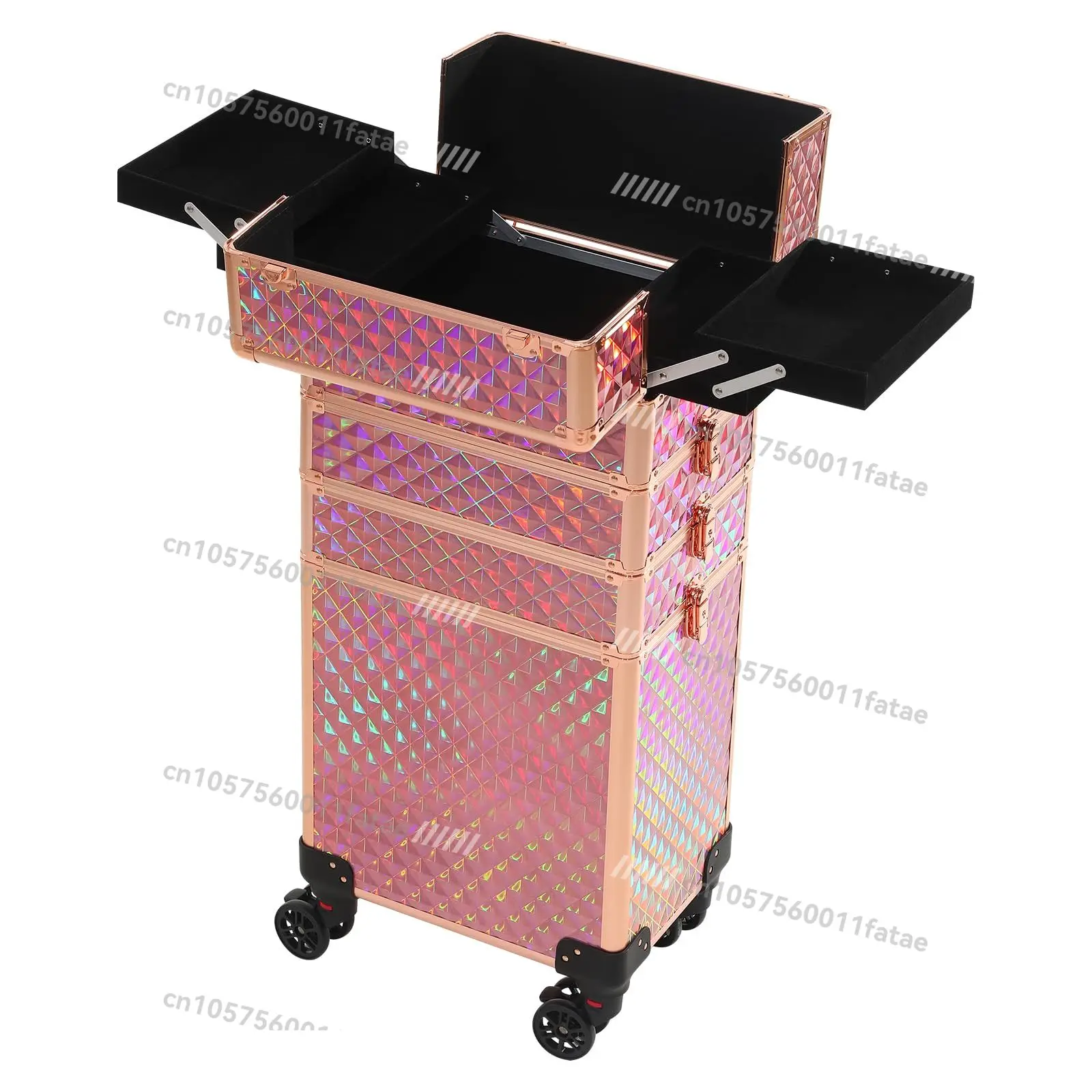 

5 in 1 Professional Makeup Train Case Aluminum Cosmetic Case Rolling Makeup Case Extra Large Trolley Makeup Travel Organizer