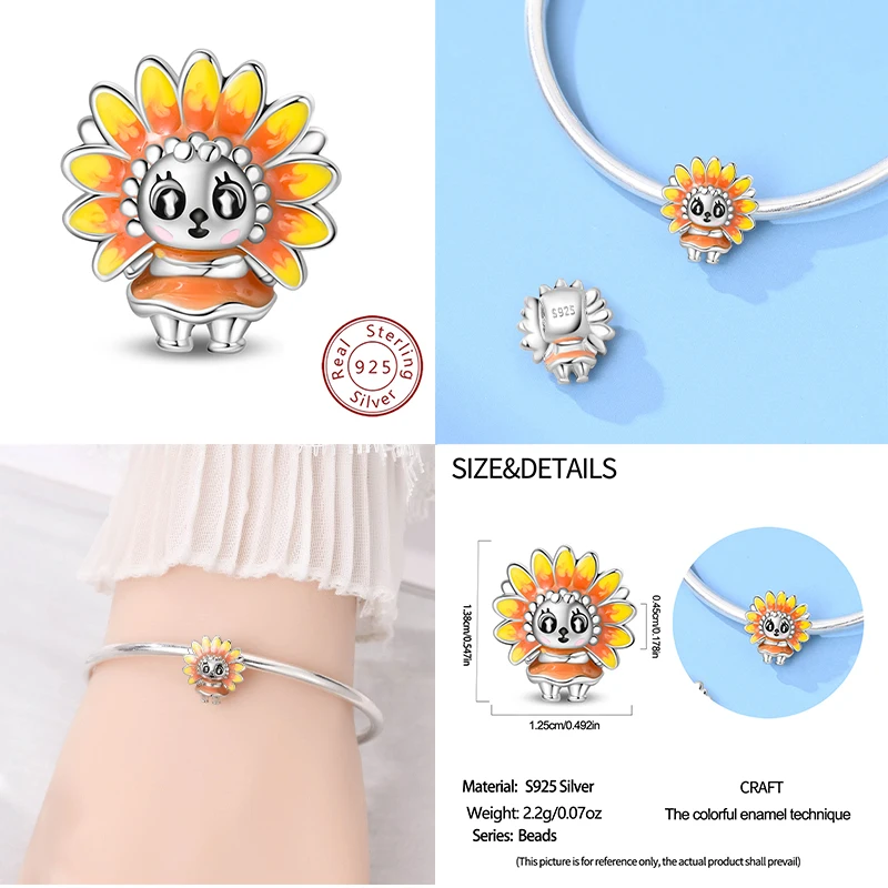 新しい925スターリングシルバーのひまわり人形ペンダントビーズ。オリジナルの女性用ブレスレットペンダントとして着用するのに適しています。 1