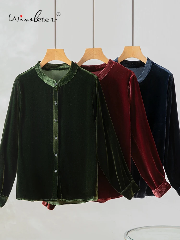 

Winsleter-Bottom 100%Real Silk Elegant Velvet Shirt, O Neck Long Sleeve, Women Retro Casual Loose Blouse, 2025 Autumn T5O036CC