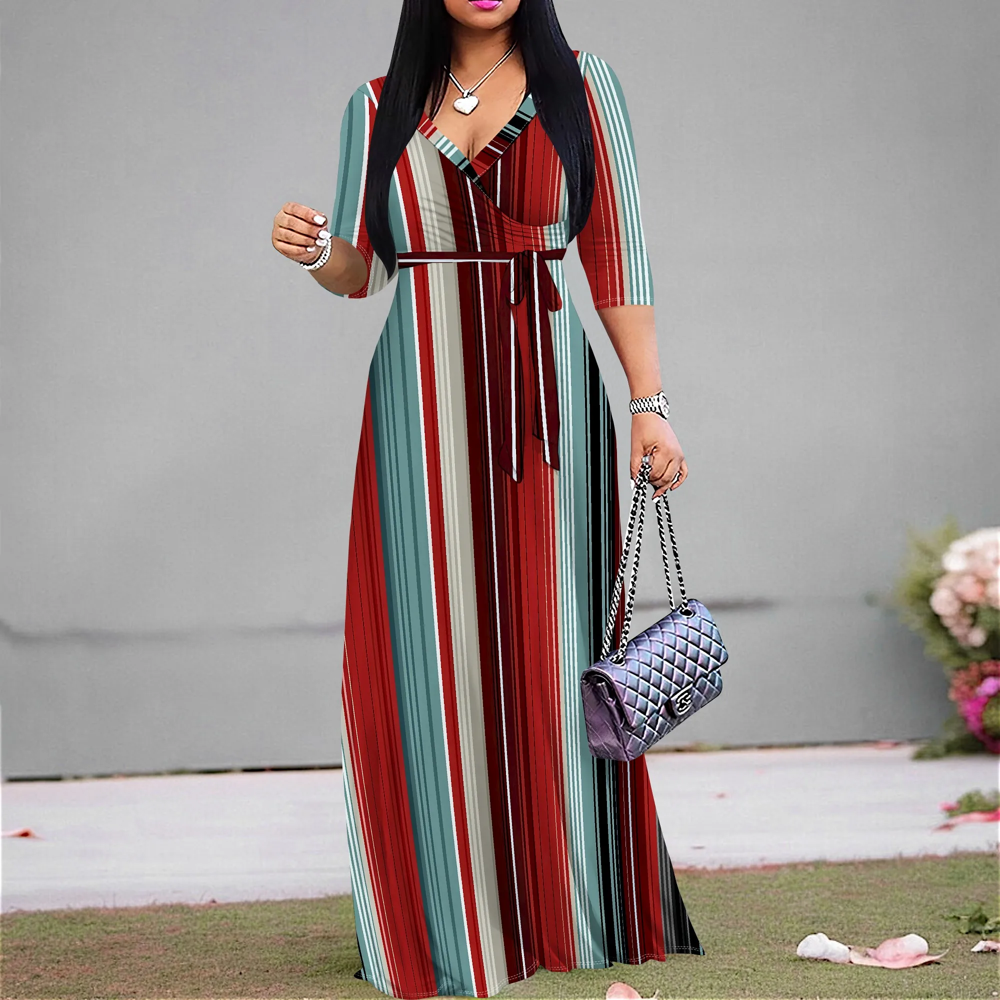 

Women's Striped Maxi Dress 2025 New Arrival V Neck Belted Long Sleeve Casual Party Holiday Dress XS-3XL