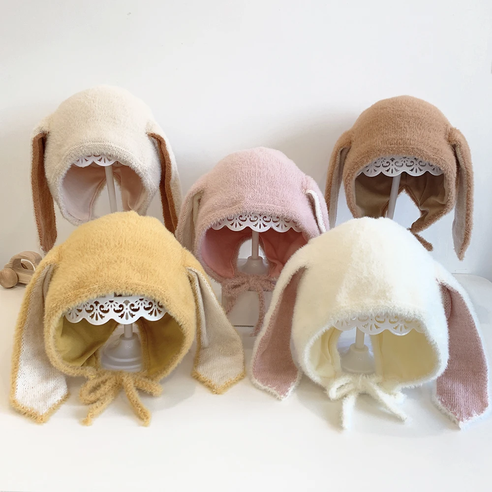 Cute Baby Hat Winter Long Rabbit Ears Soft Plush Warm Cap Kids Girls Rabbit Fur Skullies Beanies Knitted Hat Toddler Bonnet