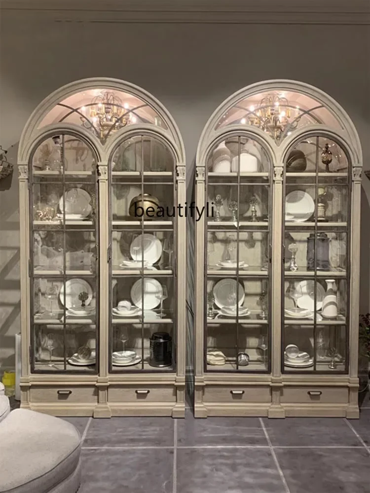 X FH Retro Solid Wood Combined Bookcase Carved Wine Cabinet American Light Luxury Display Cabinet