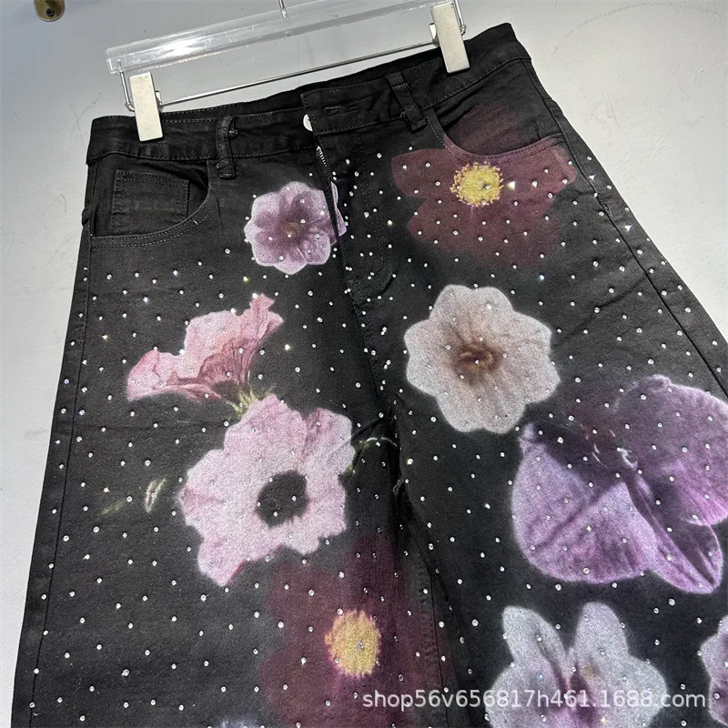 トレンドプリントワイドレッグデニムパンツ レディース 春新作 ハイウエスト フルダイヤモンド ストレートジーンズ モッピングフロア カジュアルパンツ