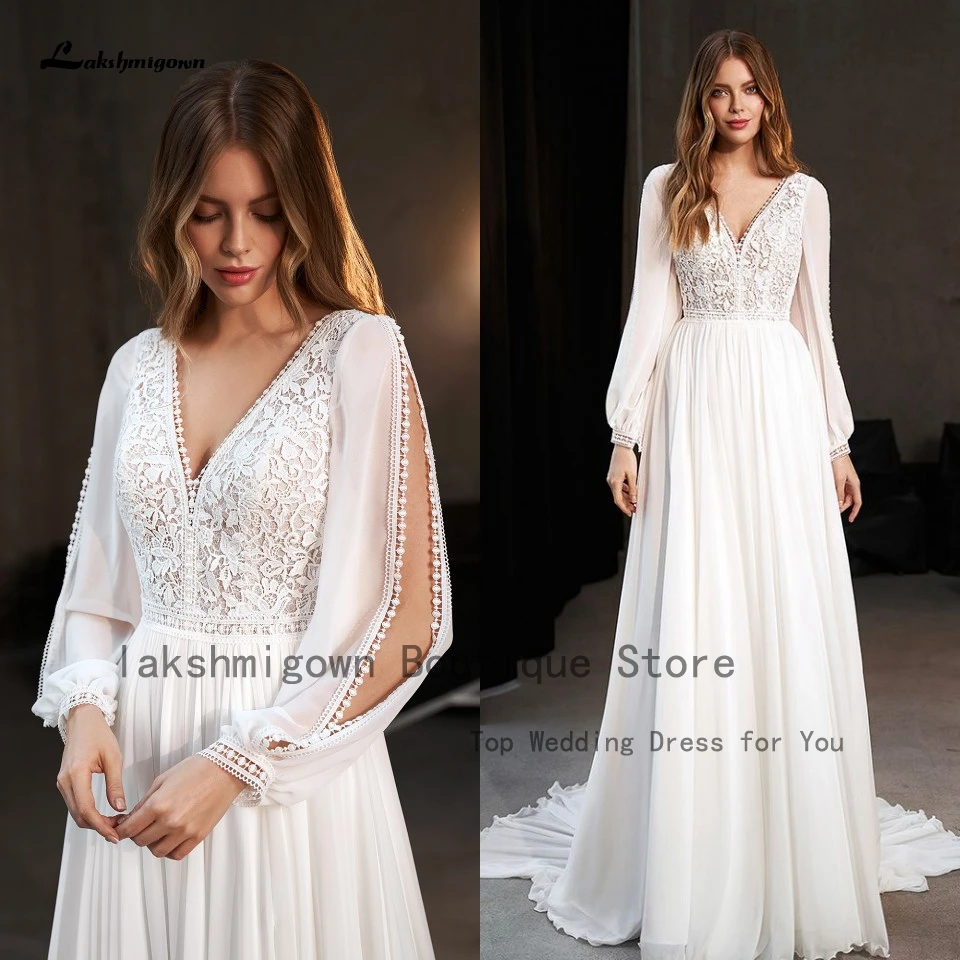 

Lakshmigown A Line Boho Long Sleeve Wedding Dress 2023 Elegant Bridal Beach Wedding Gowns Sheer Illusion Buttons Back