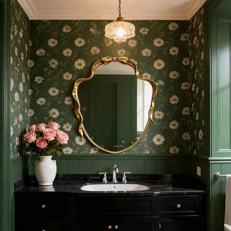 Bow gold frame irregular bathroom mirror, art ribbon shaped wall mirror, suitable for dresser decoration