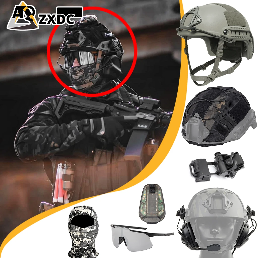 Airsoft helmet tactical set with communication headset,  Flash signal light, Silver goggles for tactical operations game