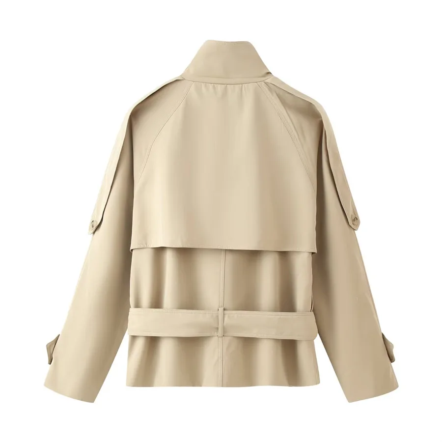 Withered European And American Style Minimalist Stand Up Collar Double Row Buckle Waist Windbreaker Jacket Woman Clothes Tops