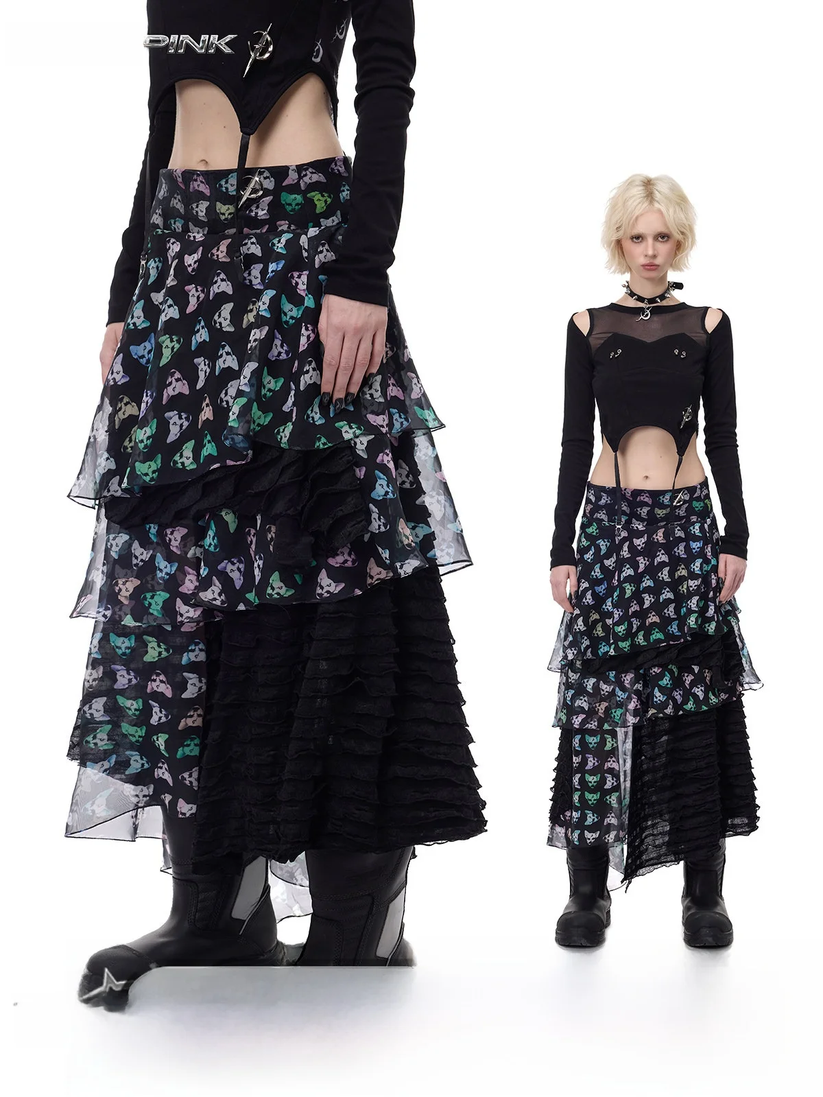 

Оригинальная юбка PINKSPINK26AW для девушек, черная, металлическая, в стиле Y2K, сексуальная, сетчатая, в стиле стрит-панк, утепленная, асимметричная, А-силуэта, для...