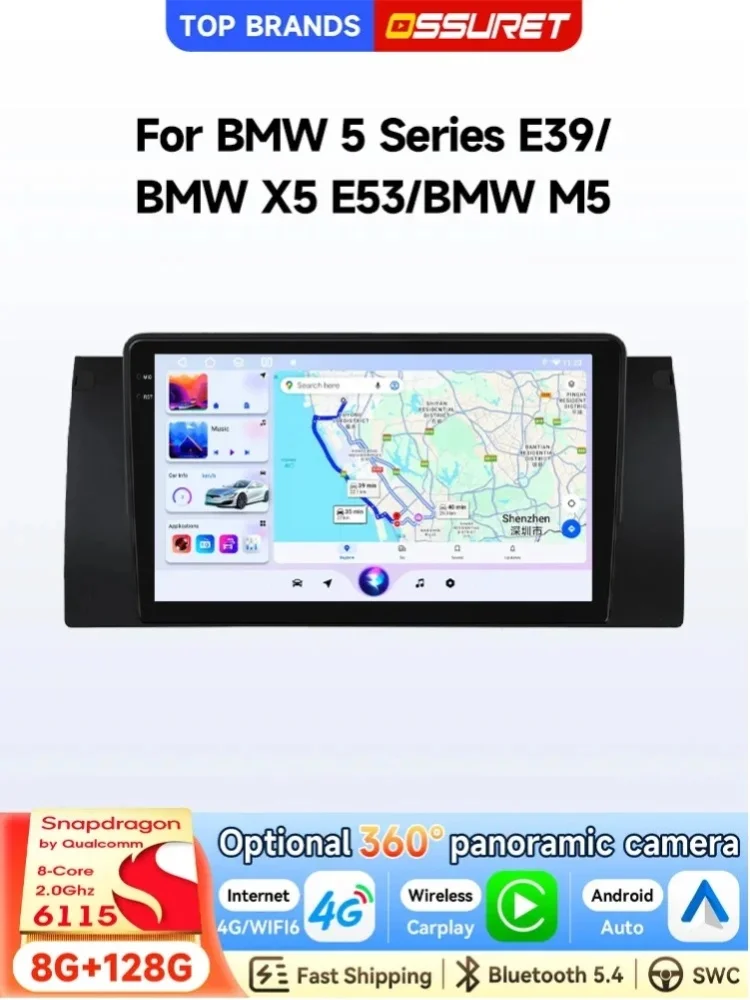 OSSURET Schneller Versand Android 14 Autoradio GPS für BMW 5er E39 1996-2003/X5 E53 2000-2007/M5 1996-2003 Octa Core 6115 Autoradio Optional 360 °   Panoramakamera 4G-LTE WLAN Bluetooth DSP Audio