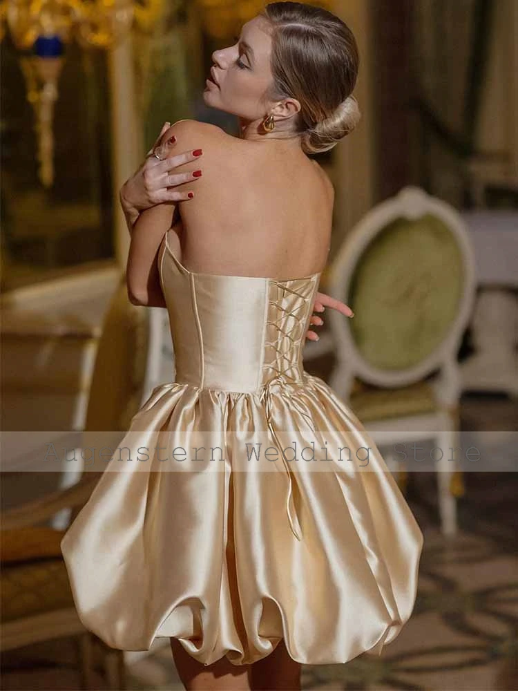 فساتين رسمية حالمة نادي نسائي من الساتان على شكل حرف a لحفلات العودة للوطن بلون الشمبانيا بدون حمالات مطوي مكشكش برباط علوي فستان حفلات أعياد الميلاد صغير #4