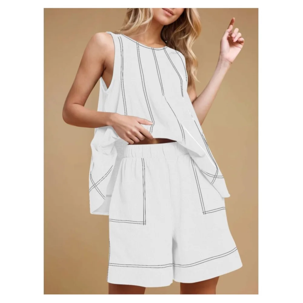 موضة القطن الكتان تقسم أكمام شيك المرأة مجموعة تي شيرتات قصيرة للأطفال الصيف جديد جيب غير رسمي فضفاض السراويل الرياضية 2 قطعة مجموعة الإناث