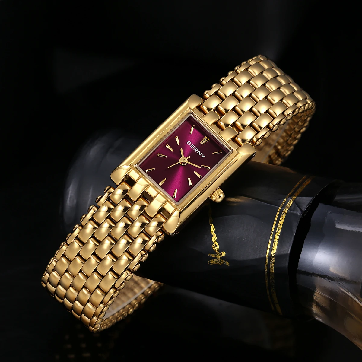 BERNY Gold Watch for Women Burgundy Red Fashion Casual Women Watches Stainless Steel Square Luxury Ladies Quartz Wristwatches