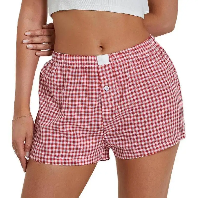 Summer Casual High Waist Wide Leg Plaid Shorts Vintage Style Women's Casual Pants Mid-Low Waist Other Material 100%