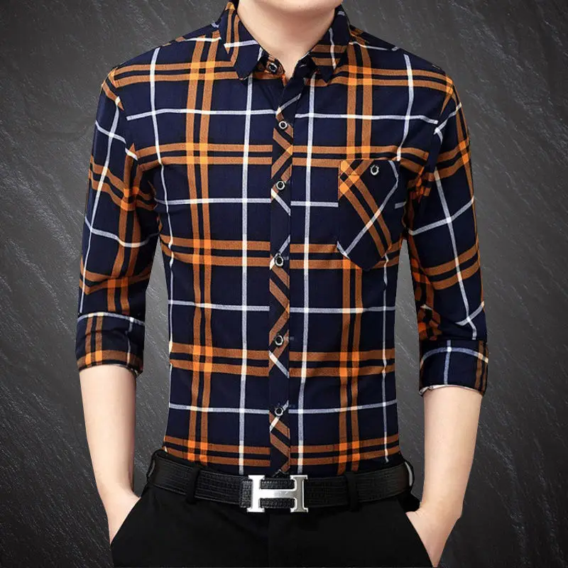 2023 Business Oversized Men\'s New Spring Stripe Print Long-sleeved POLO Collar Single-breasted Split Pocket Fashion Casual Shirt